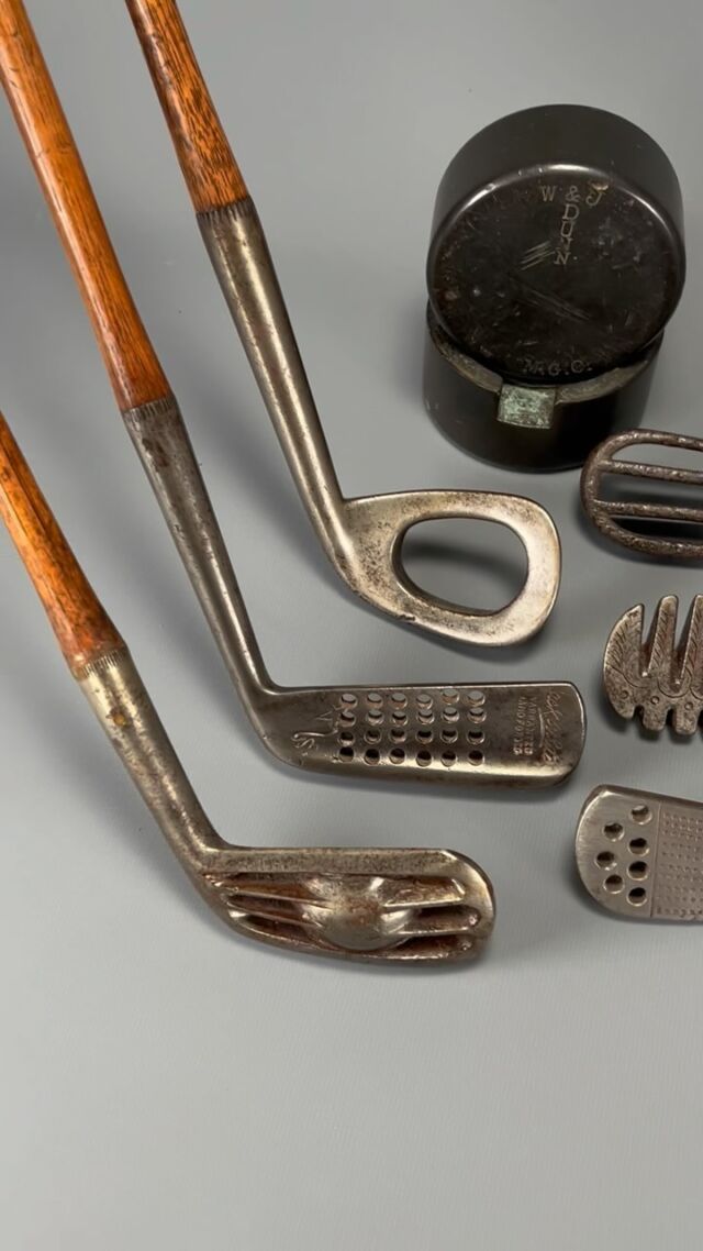 The most striking club in this collection of Water Irons? Probably the “President” iron, the first club ever designed to help a golfer deal with the plight of a ball in water. 

The ‘President’ is a niblick with a gaping hole through the middle of the face (top left in this video). “It is called a President because the hole makes it clear-headed”.

Playing from water is hardly ever considered by golfers today, but it was once a very real part of the game, as there were no rules to allow for casual water during the 19th century when these clubs were made. 

This club represents one of the earliest original ideas in the world of golf clubs, an idea born of a mind thinking beyond the realm of tradition and simple evolution.

Offered in Lot #6 of our Antiques Auction, and comes directly from the World Golf Hall of Fame’s collection