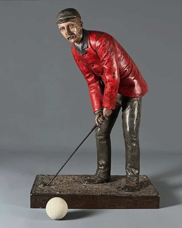 c.1890 Painted Bronze Statue of British Amateur Champion, John Laidlay. 

Laidlay won the British Am in 1889 and 1891 (both played at St Andrews). His lasting contribution to the game of golf was his invention of the overlapping grip, which was later popularized by Harry Vardon. An incredibly impressive statue in person, measuring 16 1/2” tall and weighing 12 pounds. Signed by artist G Gonella of Dundee, circa 1890.

Featured in Lot # 4 of our Antiques Auction