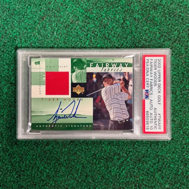 Tiger Woods signed 2002 Upper Deck Golf Fairway Fabrics w/ Red Shirt Patch. Featured in Lot # 47 of our Premier Auction. Closing Sunday!